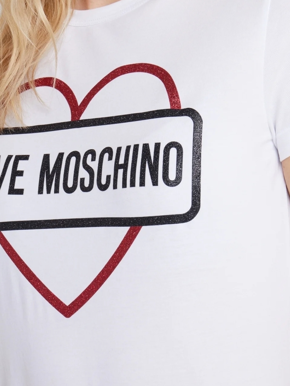 Love Moschino White Tee with Sparkley GLITTER  Red Heart AND BOX  Logo